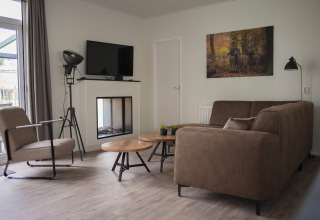Sala moderna en Veluwe Villa, De Boshoek, Países Bajos, con sofá marrón y cuadro de ciervos en la pared.