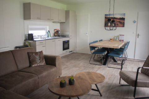 Moderne leefruimte en keuken in Veluwe Villa op Holiday park De Boshoek, Nederland, met eettafel.