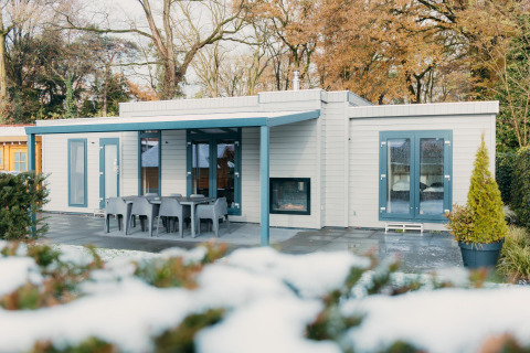 Moderne Veluwe Villa in vakantiepark De Boshoek in Nederland, met terras en eetruimte buiten in de natuur.