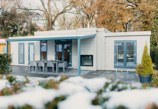 Moderne Veluwe Villa in vakantiepark De Boshoek in Nederland, met terras en eetruimte buiten in de natuur.