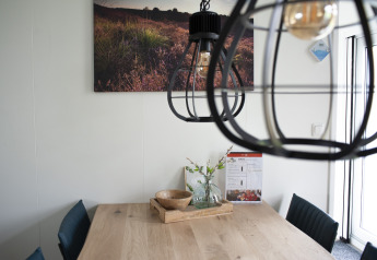 Coin repas à Veluwe Villa au parc De Boshoek, Pays-Bas, avec lampe moderne et décoration de table.