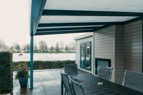 Overdekt terras met tafel, stoelen, sneeuw en paardenzicht bij Veluwe Villa, De Boshoek, Nederland.