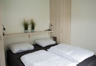 Dormitorio moderno de lodge en Veluwe Villa, Holiday park De Boshoek, Países Bajos, con dos camas y plantas.