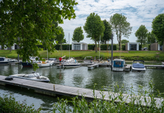 Barcos atracados en MarinaPark Bad Nederrijn con modernas cabañas Villa Maritiem y árboles verdes al fondo.
