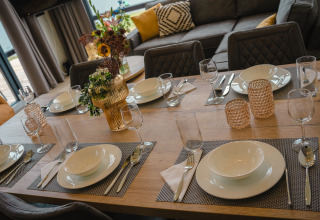 Tavolo da pranzo elegantemente apparecchiato nel soggiorno di Villa Maritiem a MarinaPark Bad Nederrijn, Paesi Bassi.