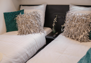 Dos camas individuales con cojines decorativos en Villa Maritiem, MarinaPark Bad Nederrijn, Países Bajos.