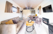 Acogedora sala de Tiny House en De Wije Werelt, Países Bajos, con sofá, mesa, TV y chimenea moderna.