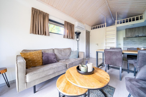 Modernes Wohnzimmer im Tiny House bei De Wije Werelt, Niederlande, mit Sofa, Essbereich und Hochbett.