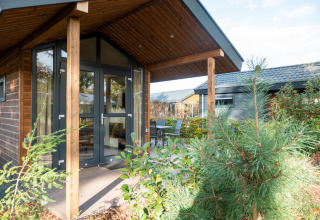Vooraanzicht van Tiny House lodge bij De Wije Werelt in Nederland, omringd door groene beplanting.