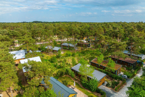 Luchtbeeld van een gezellige lodge met verschillende huisjes middenin een groene, bosrijke omgeving.