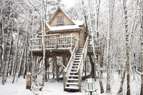Casa sull'albero innevata a Cosy Cabins, nella foresta di Limburg, Belgio, perfetto rifugio invernale.