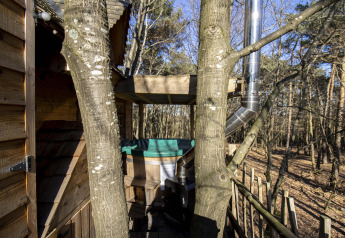 Træhus med terrasse og skorsten blandt træer i skov ved Cosy Cabins, Limburg, Belgien.
