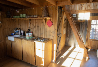 Interior de casa de árbol con paredes de madera, pequeña cocina y escalera en el bosque de Limburg, Bélgica.
