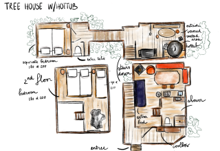 Baumhaus-Grundriss mit zwei Schlafzimmern, zusätzlichem Bett, überdachtem Außenbereich und Whirlpool.
