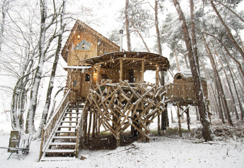 Casa sull'albero in legno in una foresta innevata a Cosy Cabins, Limburgo, Belgio, con scale e rami rustici.