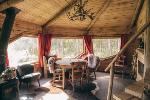 Vista interior de una cabaña rústica de madera en un árbol, con grandes ventanales, mesa de comedor y paisaje forestal en el exterior.