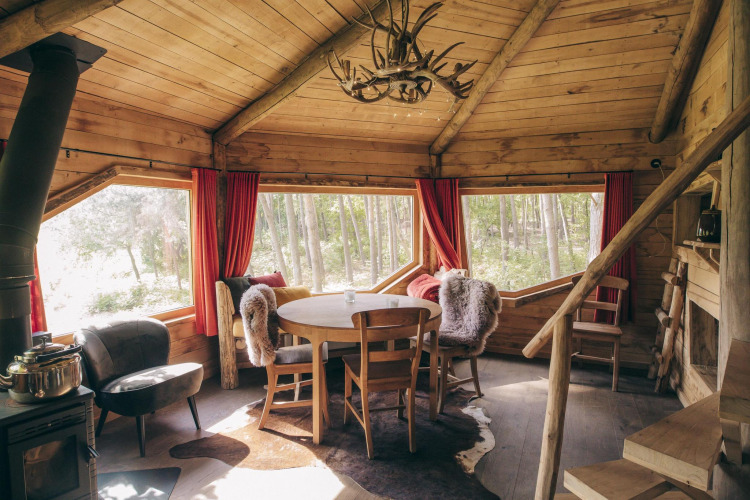 Interior view of a rustic wooden tree house cabin with large windows, dining table, and forest scenery outside.