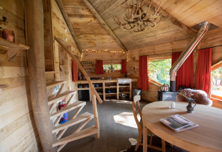 Accogliente casa sull'albero in legno nel Limburgo, in Belgio, con arredamento rustico, tavolo da pranzo rotondo e scale a chiocciola.