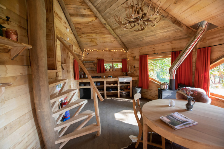 Acogedor interior de casa de madera en un árbol en Limburgo, Bélgica, con decoración rústica, mesa de comedor redonda y escalera de caracol.