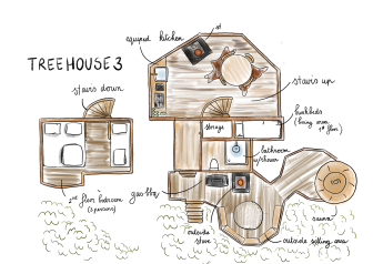 Pianta disegnata a mano della Treehouse 3 di Cosy Cabins a Limburg, in Belgio, che mostra le stanze e i servizi.