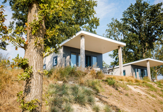 Modern beach lodges with spacious patios surrounded by greenery at Vakantiepark Leukermeer, Netherlands.