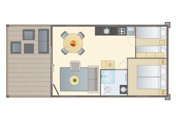 Plantegning af lodge ved Beach lodge | Port i Vakantiepark Leukermeer, komplet med møbleret terrasse, stue, køkken og to soveværelser.