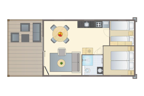 Floor plan of a beach lodge at Vakantiepark Leukermeer, featuring terrace, living area, kitchen, and bedrooms.