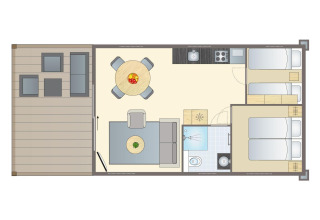 Floor plan of a beach lodge at Vakantiepark Leukermeer, featuring terrace, living area, kitchen, and bedrooms.