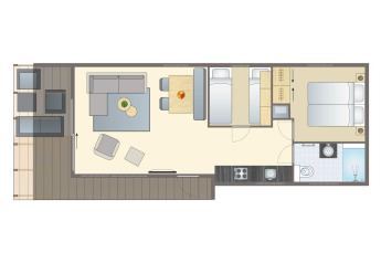 Plantegning af et lille hus ved stranden, Beach lodge på Vakantiepark Leukermeer, Nederlandene.