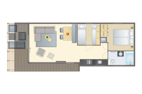 Plantegning af et lille hus ved stranden, Beach lodge på Vakantiepark Leukermeer, Nederlandene.