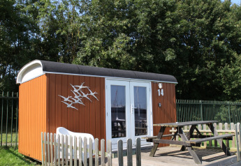 Lille hytte med terrasse og bord-bænkesæt ved Marina Parcs Naarden, Nederlandene, på solrig dag.