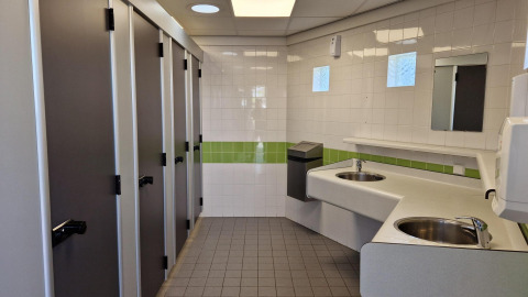 Bagno pubblico pulito con cabine, lavandini e specchi a Tiny wagons presso Marina Parcs Naarden.