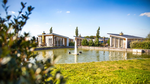Moderne lodge Biebosch - Sunshower op Resort Mooi Bemelen in Nederland, uitkijkend op vijver en fontein.