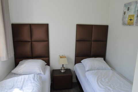 Habitación con dos camas individuales, cabeceras marrones, mesita y arte mural en Resort Mooi Bemelen, Países Bajos.