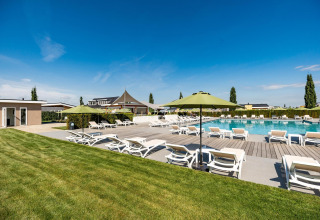 Buitenzwembad met ligstoelen en groene parasols aan Biebosch - Sunshower, Resort Mooi Bemelen, Nederland.