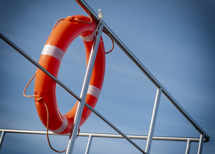 Aro salvavidas en la barandilla de una casa flotante en Houseboat + roof terrace | Offingawier, Frisia, Países Bajos.