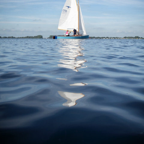 Sailboat on calm water near Offingawier, Houseboat + roof terrace, Friesland, Netherlands, under blue sky.