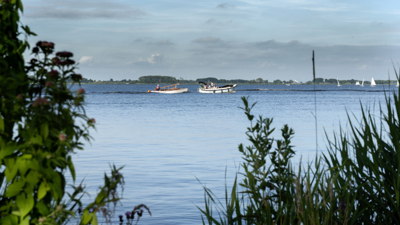 Vista al lago y botes desde una casa flotante con terraza en Offingawier, Frisia, Países Bajos, enmarcada por plantas.