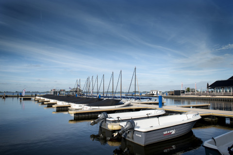 Barcos amarrados junto a Houseboat + roof terrace en Offingawier, Friesland, bajo un cielo azul.