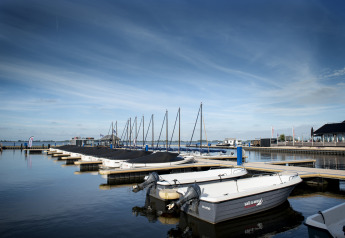 Både ved kaj ved Houseboat + roof terrace i Offingawier, med roligt vand og blå himmel i Friesland.