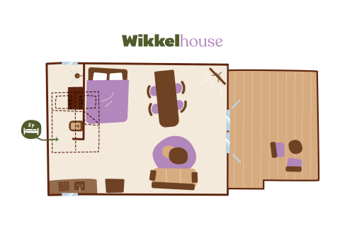 Plano de una cabaña Wikkelhouse para 2 personas en Beerze Bulten, Países Bajos, mostrando la distribución amueblada.