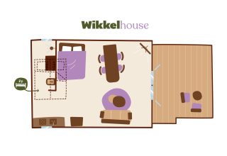 Plano de una cabaña Wikkelhouse para 2 personas en Beerze Bulten, Países Bajos, mostrando la distribución amueblada.