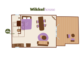 Plantegning af en Wikkelhouse lodge for 2 personer ved Beerze Bulten i Holland, med møbleret indretning.