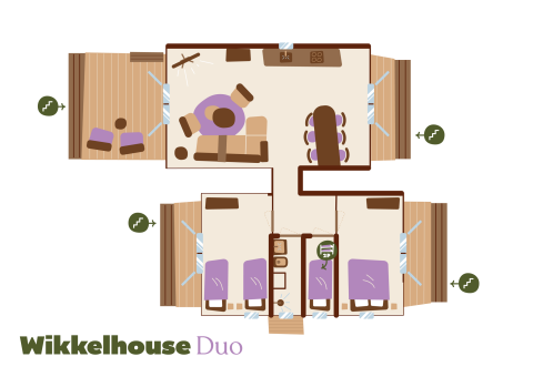 Plano de la cabaña Wikkelhouse Duo en Beerze Bulten, Países Bajos, con dos dormitorios y área social.