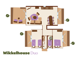 Grondplan van Wikkelhouse Duo-lodge bij Beerze Bulten in Nederland met twee slaapkamers en woonkamer.