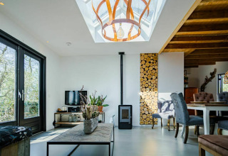 Moderne stue i Nature House, Buitengoed Ruysbos, Holland, med ovenlys, trævæg og træmøbler.