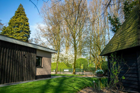 Foto van een rustige lodge en groene tuin bij Nature House, Buitengoed Ruysbos, Nederland, in de lente.