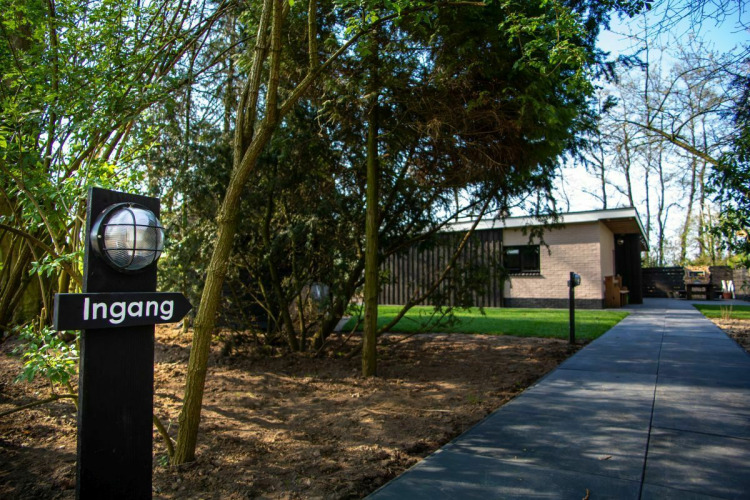 Ingang van een natuurhuisje bij Buitengoed Ruysbos in Nederland, met bomen en een betegeld pad.