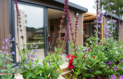 Cama de flores delante de la tiny house Hotel Lodge con puertas de vidrio en Holiday park De Boshoek, Países Bajos.