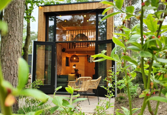 Tiny House a Maasduinen, Paesi Bassi, con porte aperte, sedie moderne e piante verdi rigogliose fuori.